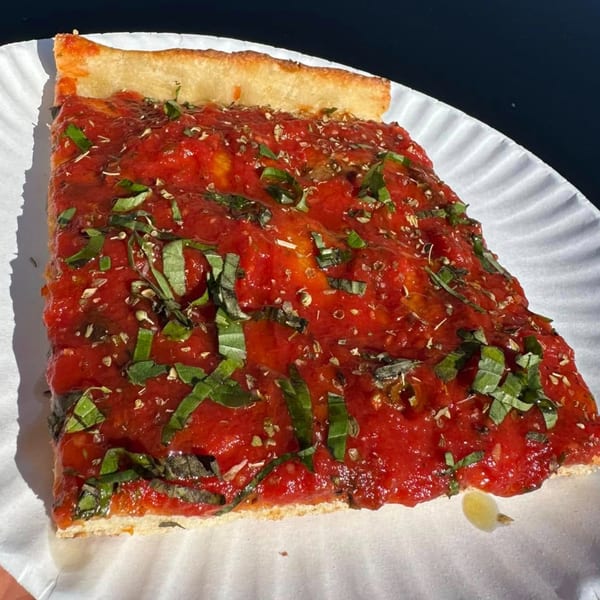 A thick slice of Napoli Pizza's Italian pizza with rich red sauce and fresh basil.